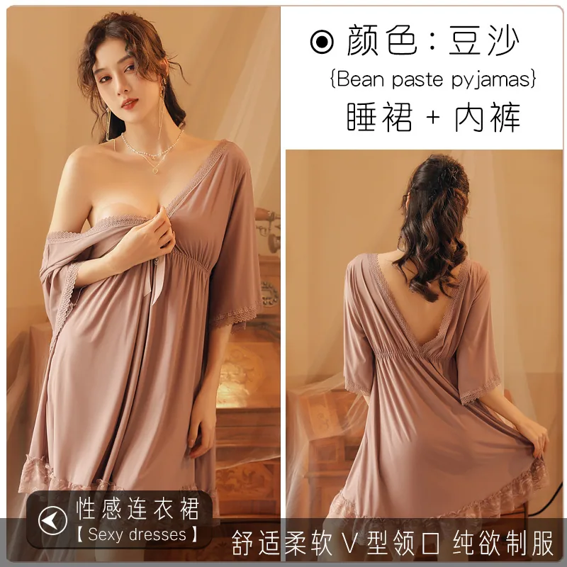 Sexuality and fun fashion lingerie set personality charming nightdress ice silk lace short sleeve V-neck ins pajamas 2