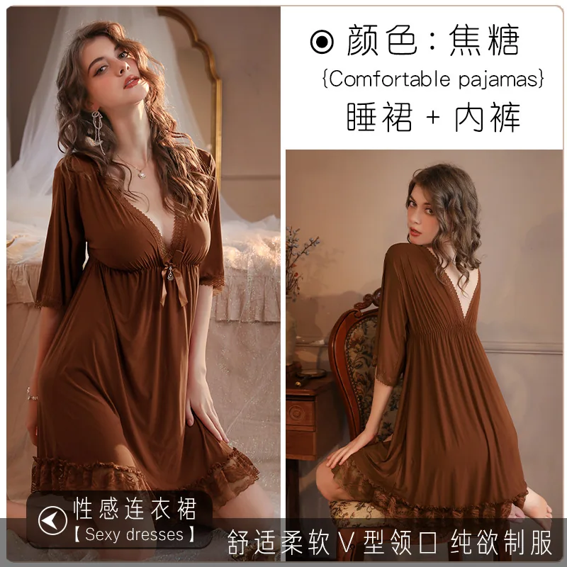 Sexuality and fun fashion lingerie set personality charming nightdress ice silk lace short sleeve V-neck ins pajamas 10