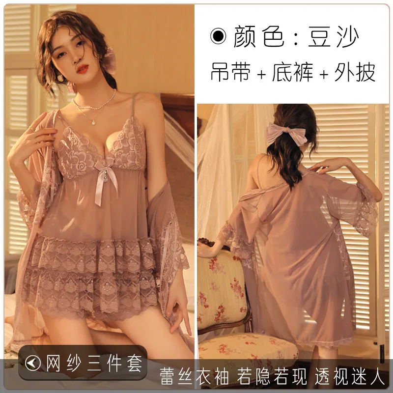 sexy women's erotic lingerie temptation uniform passionate pure desire pajamas three-piece set wholesale plus size see-through m 4