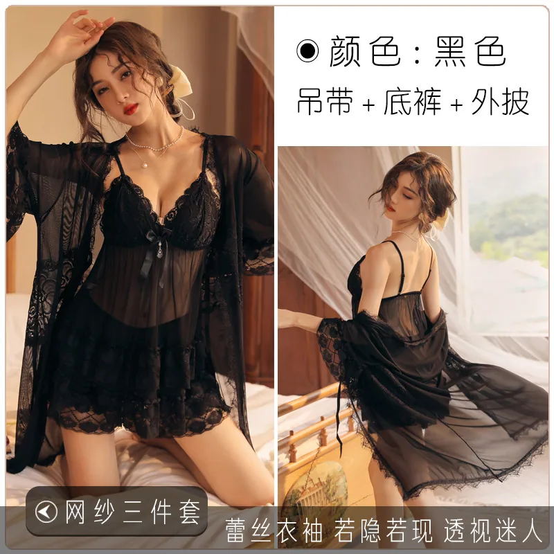 sexy women's erotic lingerie temptation uniform passionate pure desire pajamas three-piece set wholesale plus size see-through m