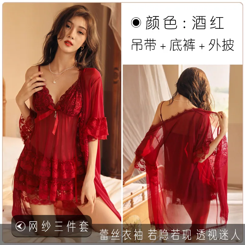 sexy women's erotic lingerie temptation uniform passionate pure desire pajamas three-piece set wholesale plus size see-through m 3