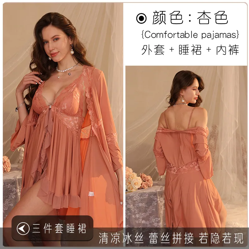 factory direct sales sexy deep V lace slip dress temptation lace-up cardigan pajamas solid color loungewear set women 2