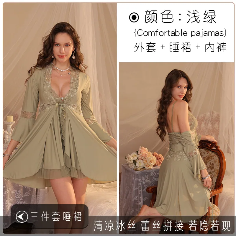 factory direct sales sexy deep V lace slip dress temptation lace-up cardigan pajamas solid color loungewear set women