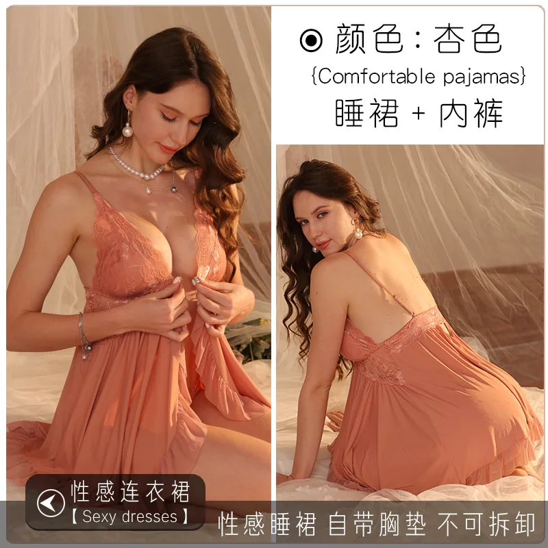 Amazon's new European and American cross-border sexual fun pajamas women's summer ice silk nightdresses thin erotic lace underwe