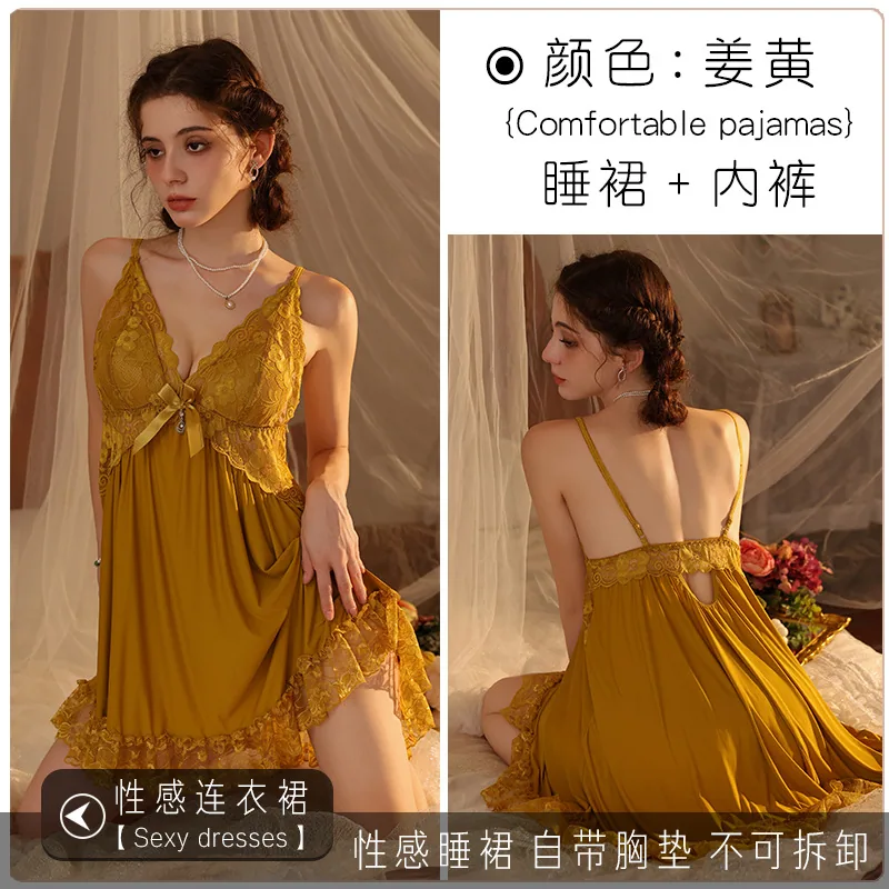 Summer ice silk suspender bra pad pajamas, feminine V-neck lace cool nightdress, thin 2025 new loungewear