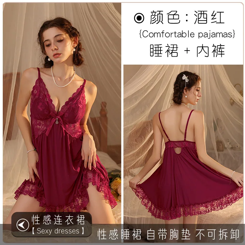 Summer ice silk suspender bra pad pajamas, feminine V-neck lace cool nightdress, thin 2025 new loungewear 3