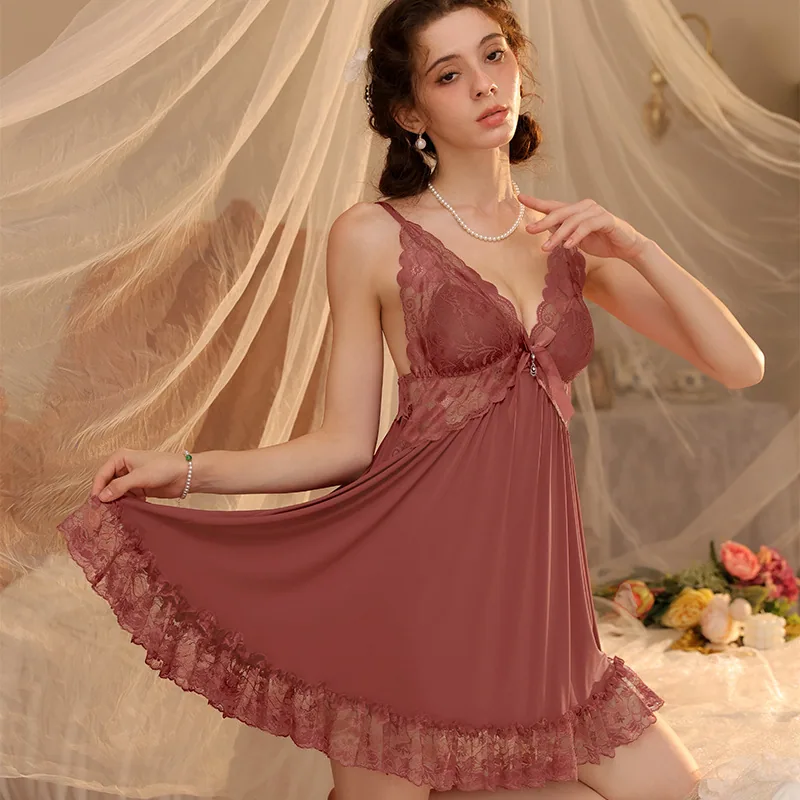 Summer ice silk suspender bra pad pajamas, feminine V-neck lace cool nightdress, thin 2025 new loungewear 4