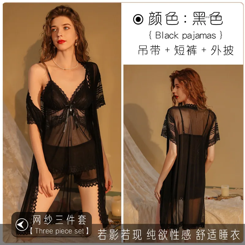 Lace lingerie sexy pajamas suspenders sexy high-end nightdresses plus size dresses 3 piece uniforms wholesale 2