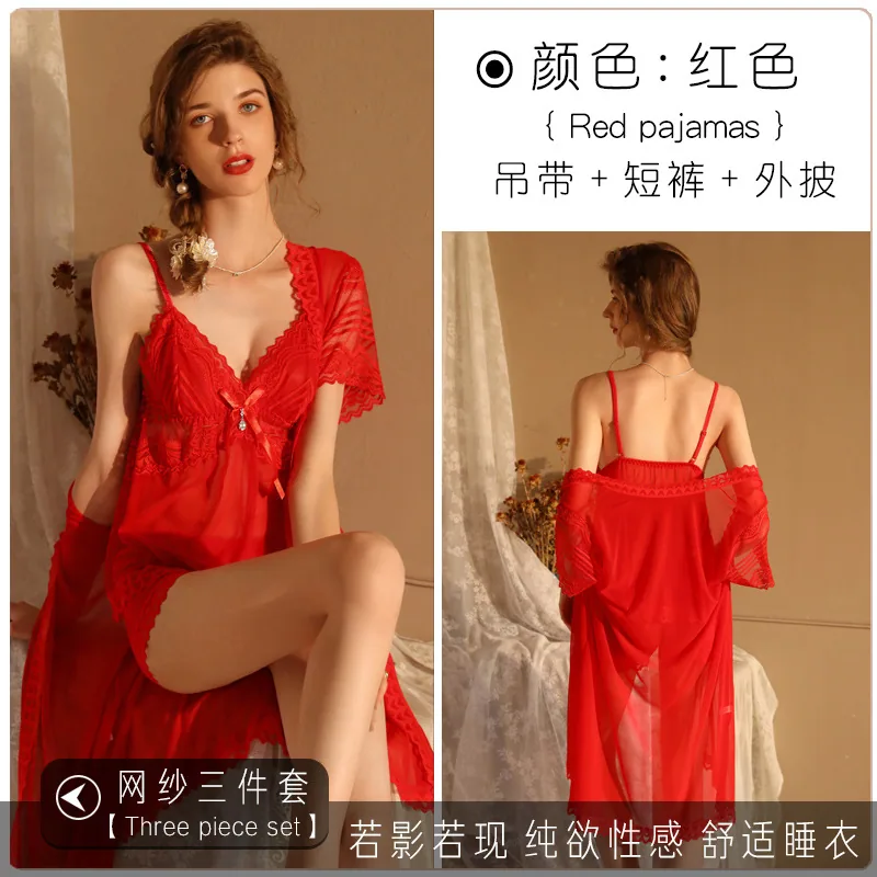 Lace lingerie sexy pajamas suspenders sexy high-end nightdresses plus size dresses 3 piece uniforms wholesale 3