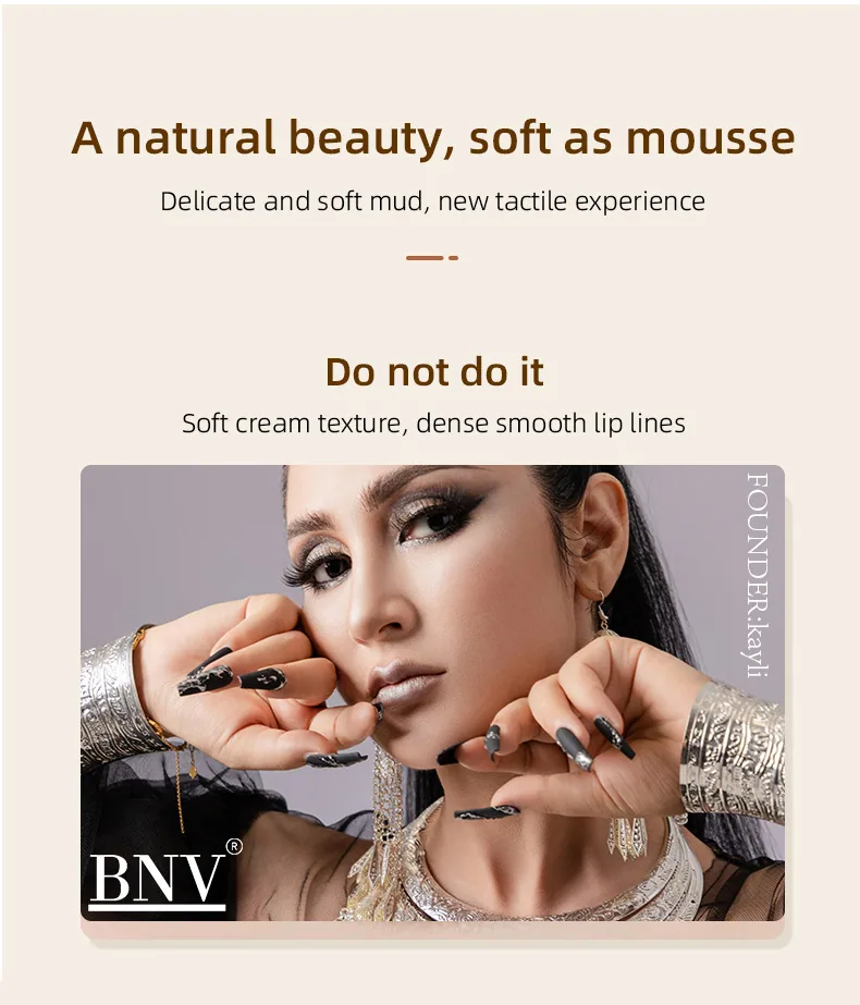 BNV long-lasting waterproof lip stain swatch on lips showing rich velvet matte color and non-staining effect