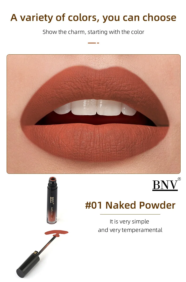 Close-up of BNV non-stick cup lip stain in velvet matte finish, long-lasting waterproof formula, non-staining gloss texture d