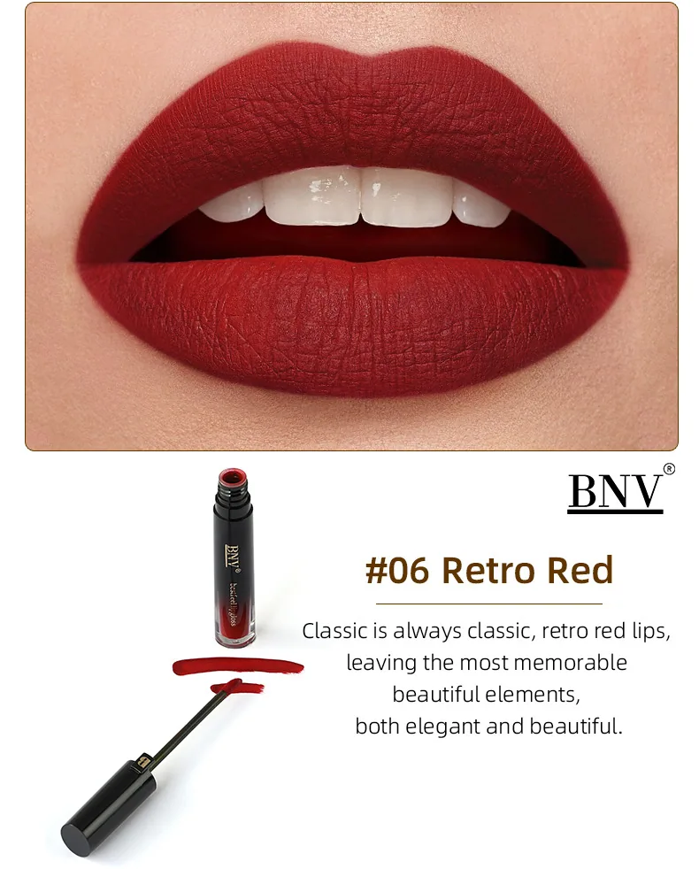 BNV non-stick cup lip stain velvet matte gloss detail showing smooth creamy texture and long-lasting waterproof finish