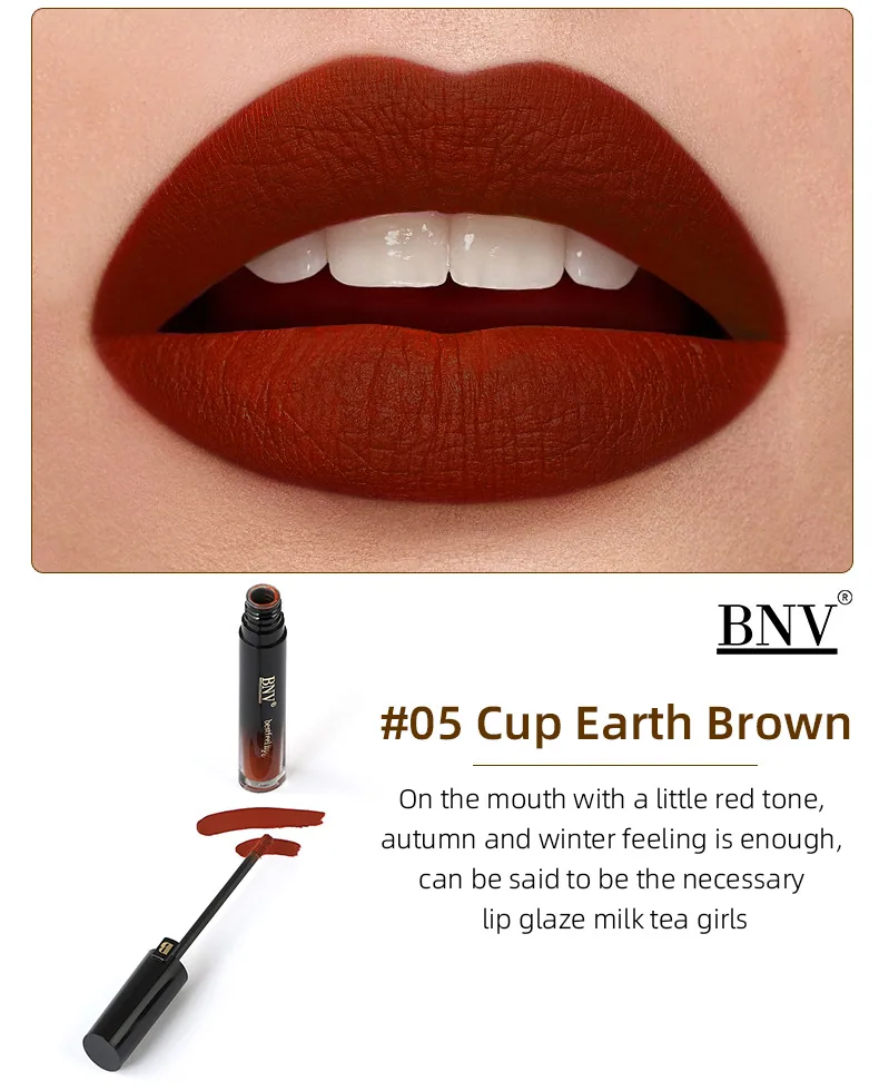 Swatch test of BNV velvet matte lip gloss showing non-staining, long-lasting waterproof color on skin.