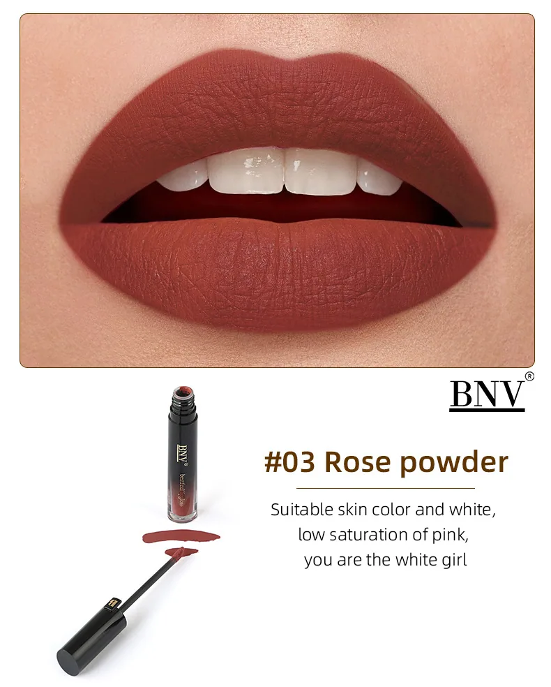 BNV velvet matte lip gloss multi-color options, non-stick cup long-lasting shades for different makeup looks