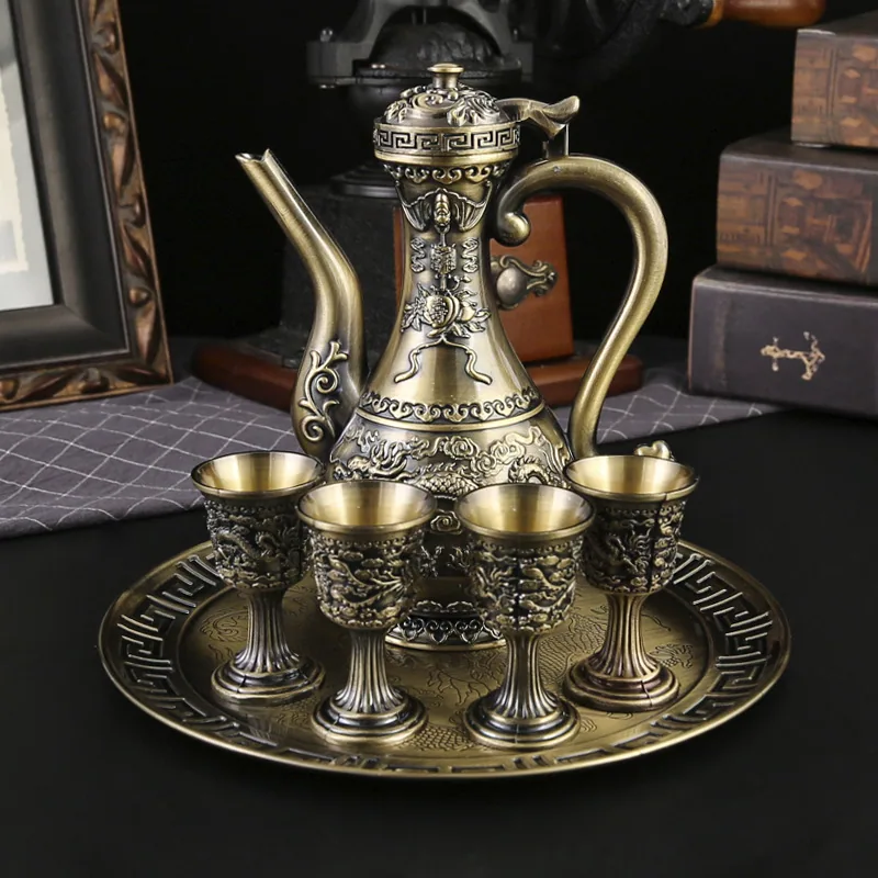 Chinese liquor wine set home creative bronze Baifu retro high-end wine jug wine glass gift ornament 3