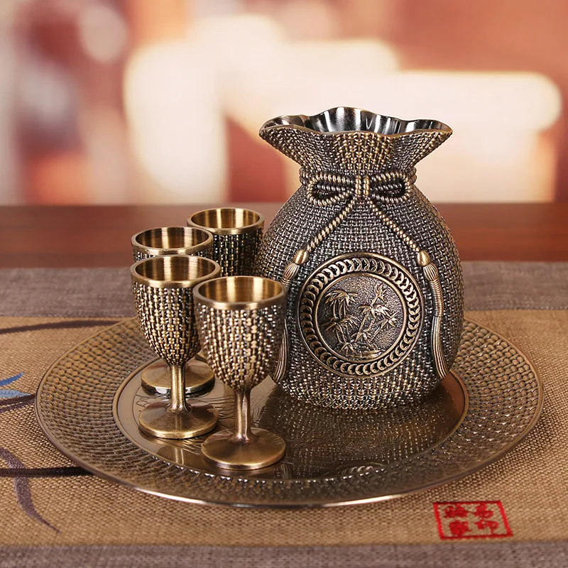 Tea set, Chinese bronze plated wine set, high-end household wine jug, European metal goblet, lucky bag, white wine glass set of - Bag & Luggage Making Materials