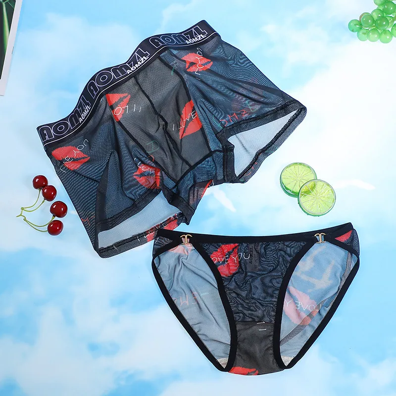 Arrogant Love, Ice Silk, Sexy Couples, Mesh Panties, Breathable Women's Briefs, Mid Rise Men's Boxer Panties
