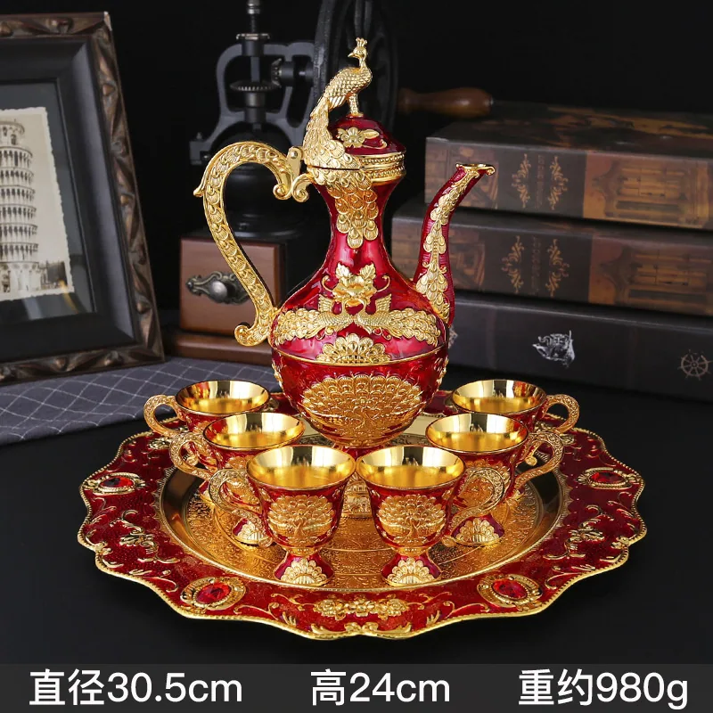 Court style wine set creative exquisite European metal home ornaments vintage light luxury wine glasses wine jug eight-piece set 2