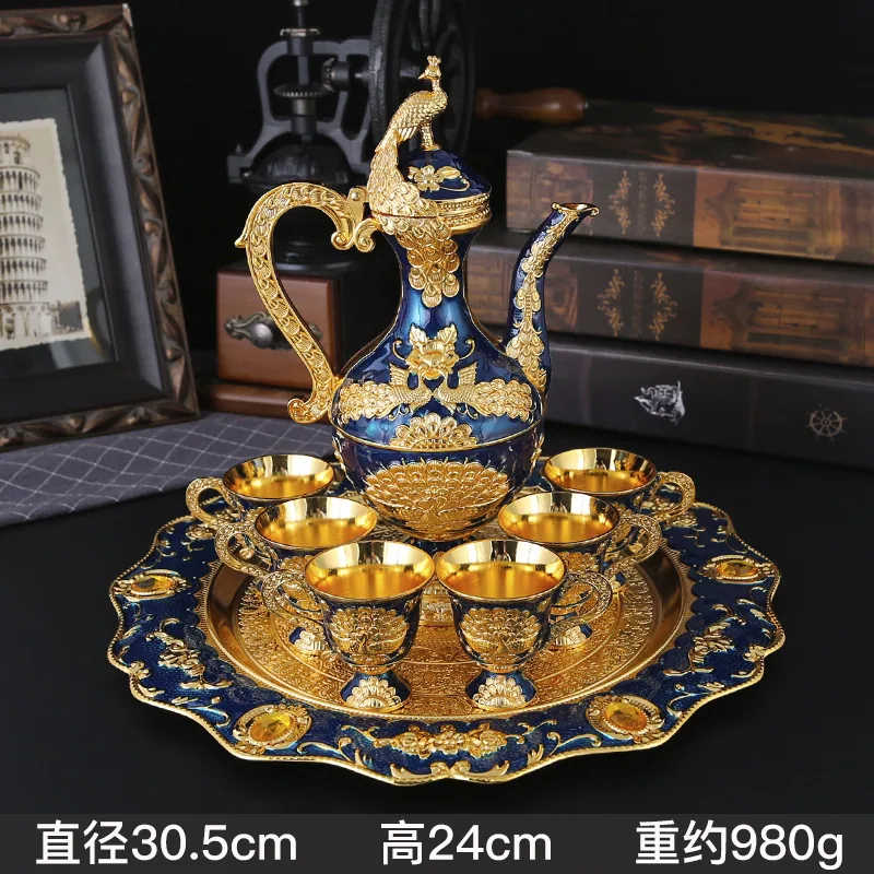 Court style wine set creative exquisite European metal home ornaments vintage light luxury wine glasses wine jug eight-piece set 3