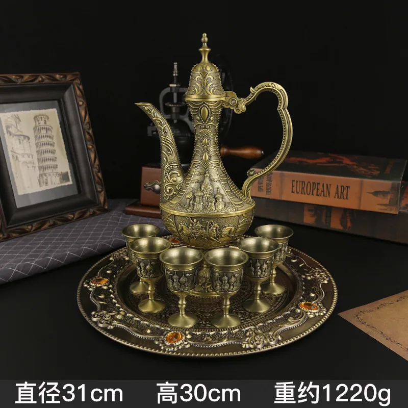 Creative classical style, exquisite carved zinc alloy wineware set, household wine jug, wine glass, wine set decoration ornament 2