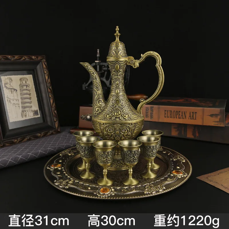 Creative classical style, exquisite carved zinc alloy wineware set, household wine jug, wine glass, wine set decoration ornament