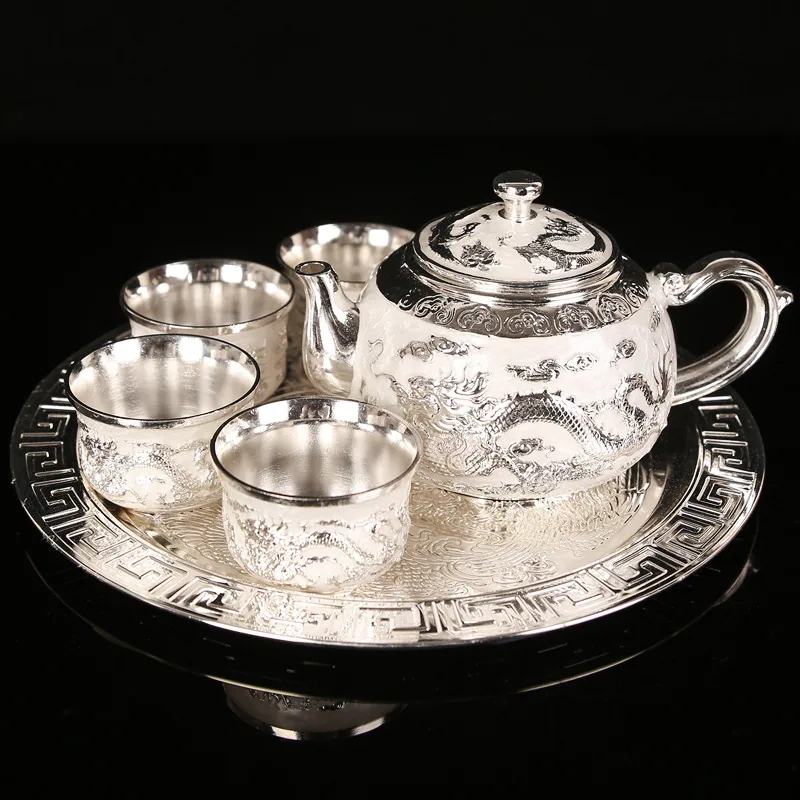 Dragon and phoenix silver tea set full silver wine set 1 plate, 1 pot 4 cups Chinese leather box set teapot as a gift