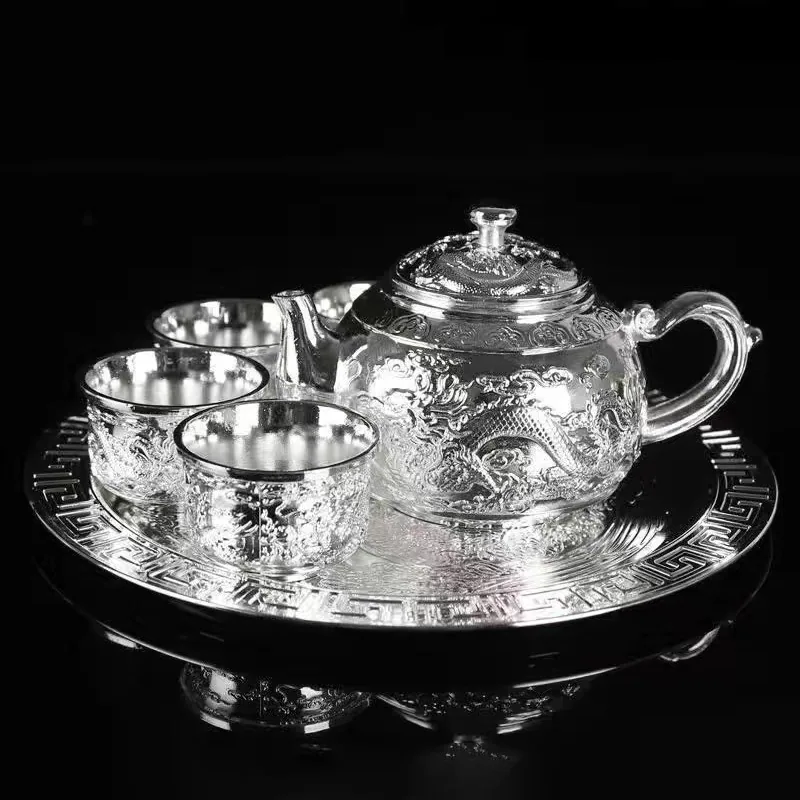 Dragon and phoenix silver tea set full silver wine set 1 plate, 1 pot 4 cups Chinese leather box set teapot as a gift 4