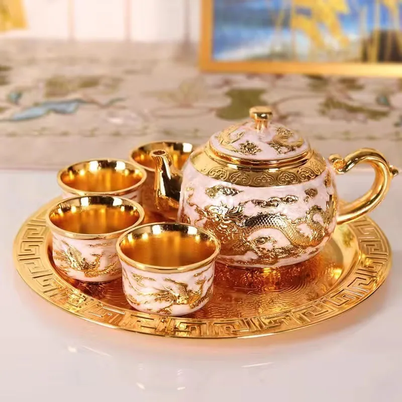 Dragon and phoenix silver tea set full silver wine set 1 plate, 1 pot 4 cups Chinese leather box set teapot as a gift 3