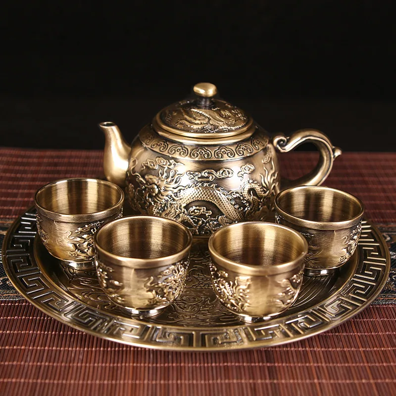 Dragon and phoenix silver tea set full silver wine set 1 plate, 1 pot 4 cups Chinese leather box set teapot as a gift 2
