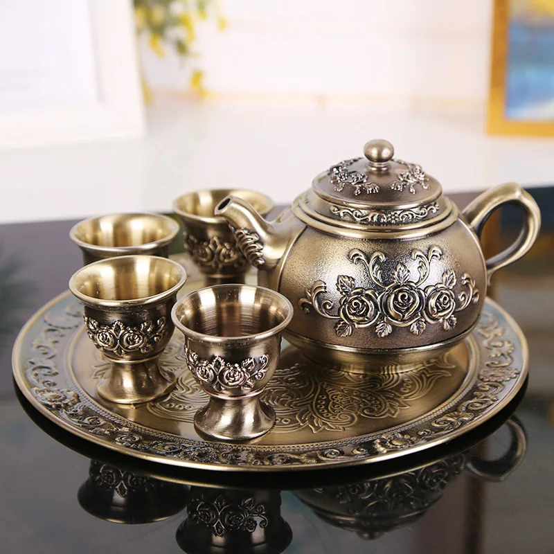Kung Fu Zinc Alloy Creative Exquisite Small Carved Tea Set Rose Tea Cup Wine Glass with Tray Gift Box 3