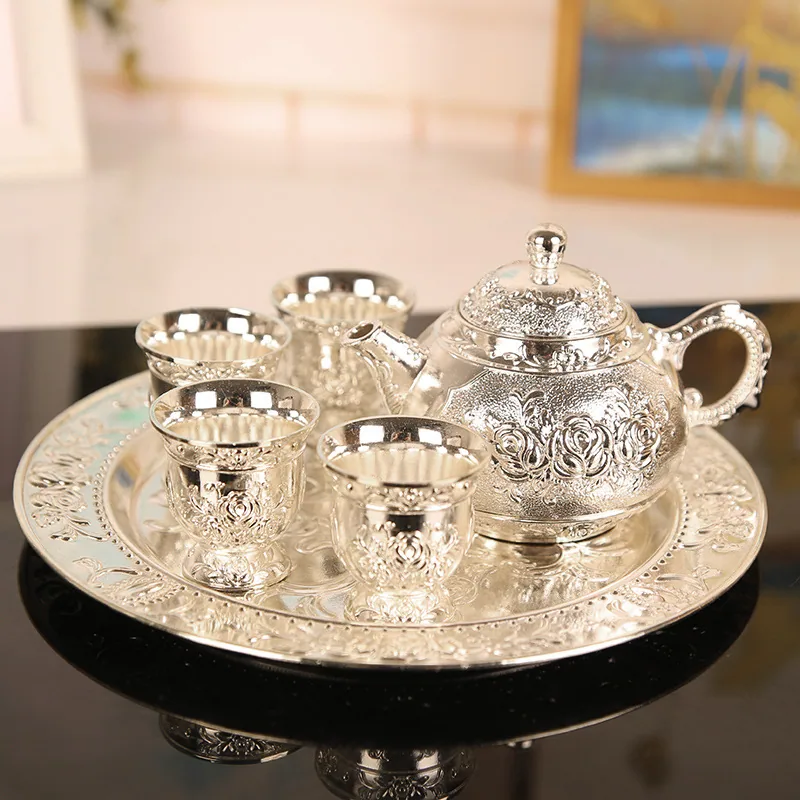 Kung Fu Zinc Alloy Creative Exquisite Small Carved Tea Set Rose Tea Cup Wine Glass with Tray Gift Box 2
