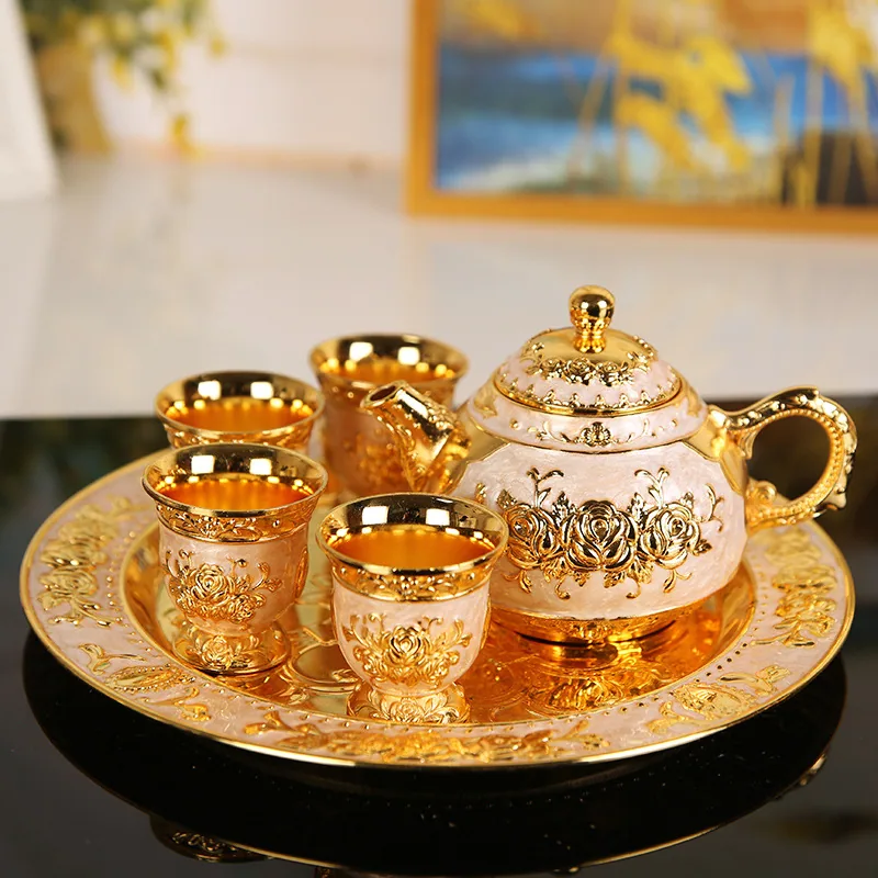 Kung Fu Zinc Alloy Creative Exquisite Small Carved Tea Set Rose Tea Cup Wine Glass with Tray Gift Box 5