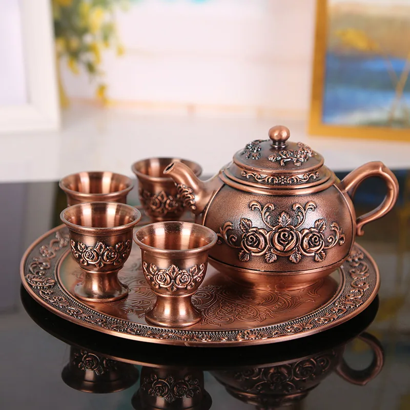 Kung Fu Zinc Alloy Creative Exquisite Small Carved Tea Set Rose Tea Cup Wine Glass with Tray Gift Box 4