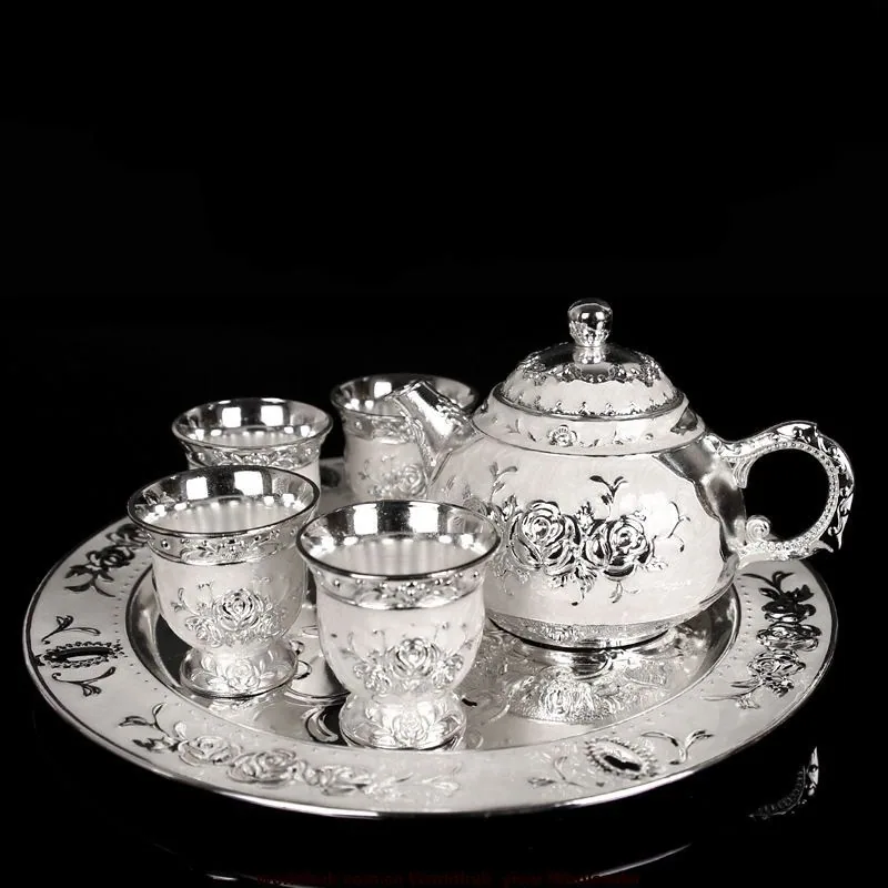 Kung Fu Zinc Alloy Creative Exquisite Small Carved Tea Set Rose Tea Cup Wine Glass with Tray Gift Box