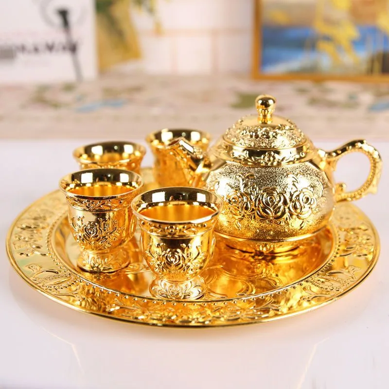 Kung Fu Zinc Alloy Creative Exquisite Small Carved Tea Set Rose Tea Cup Wine Glass with Tray Gift Box 6