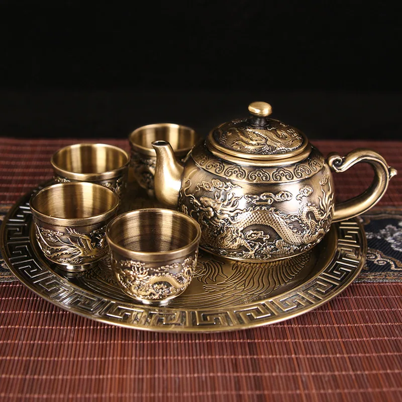 Metal Tea Set Teapot Dragon Phoenix Creative Vintage Kung Fu Tea Belt Tray Household Gift Box Office Complete Set