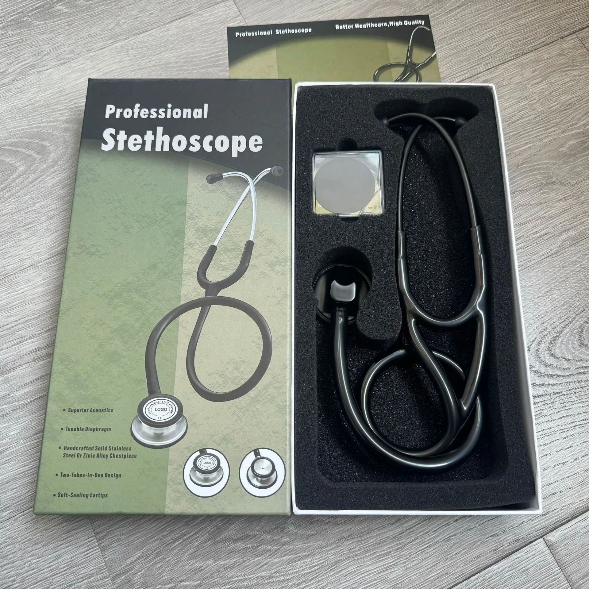 KT-118B foreign trade cross-border zinc alloy all-black stethoscope single-sided adult stethoscope silver ear hook 3