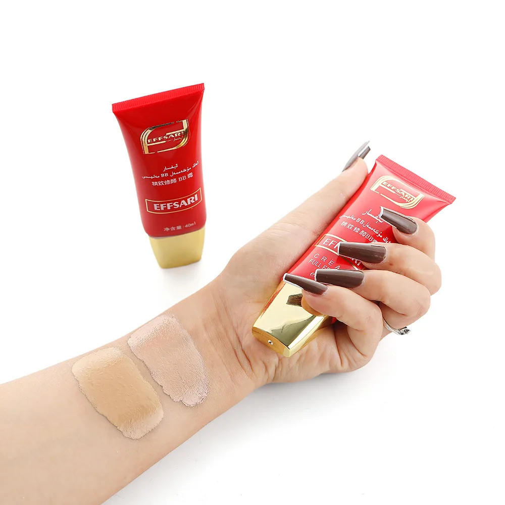 Close-up of EFFSARI BB cream 40ml tube nozzle, delicate finishing texture detail for even complexion