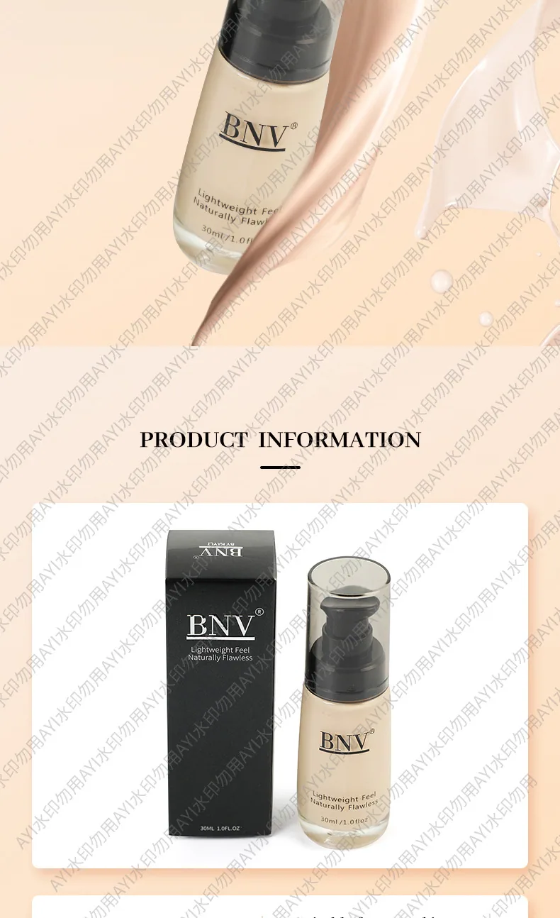 BNV Cross Border Liquid Foundation 30ml cream skin finish, close-up texture detail showing air-lasting lightweight formula