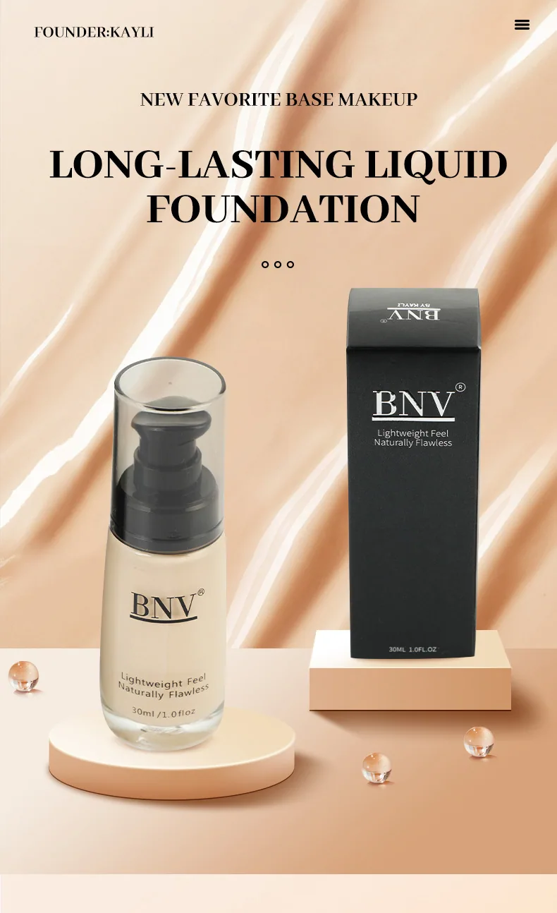 BNV Cross Border Liquid Foundation 30ml size and volume marking, air-lasting cream skin foundation unit pcs for retail displa