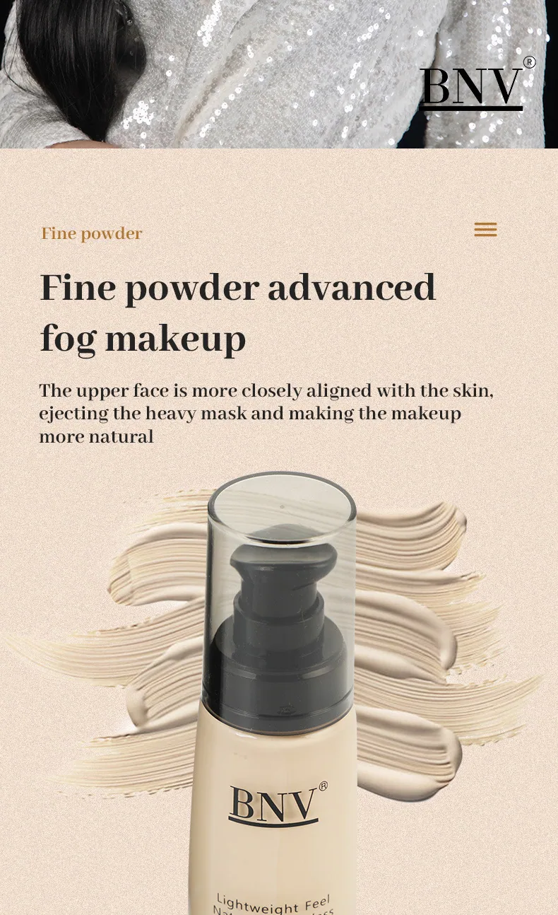 BNV Cross Border Air Lasting Liquid Foundation 30ml cream skin, full coverage swatch on skin for natural makeup look