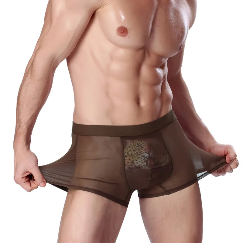Factory direct sales men's ice silk sexy breathable printed boxer briefs 3D sex hollow boxers one piece of dropshipping 3