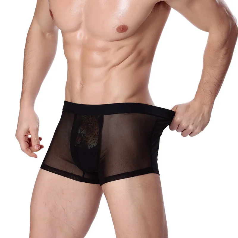 Factory direct sales men's ice silk sexy breathable printed boxer briefs 3D sex hollow boxers one piece of dropshipping