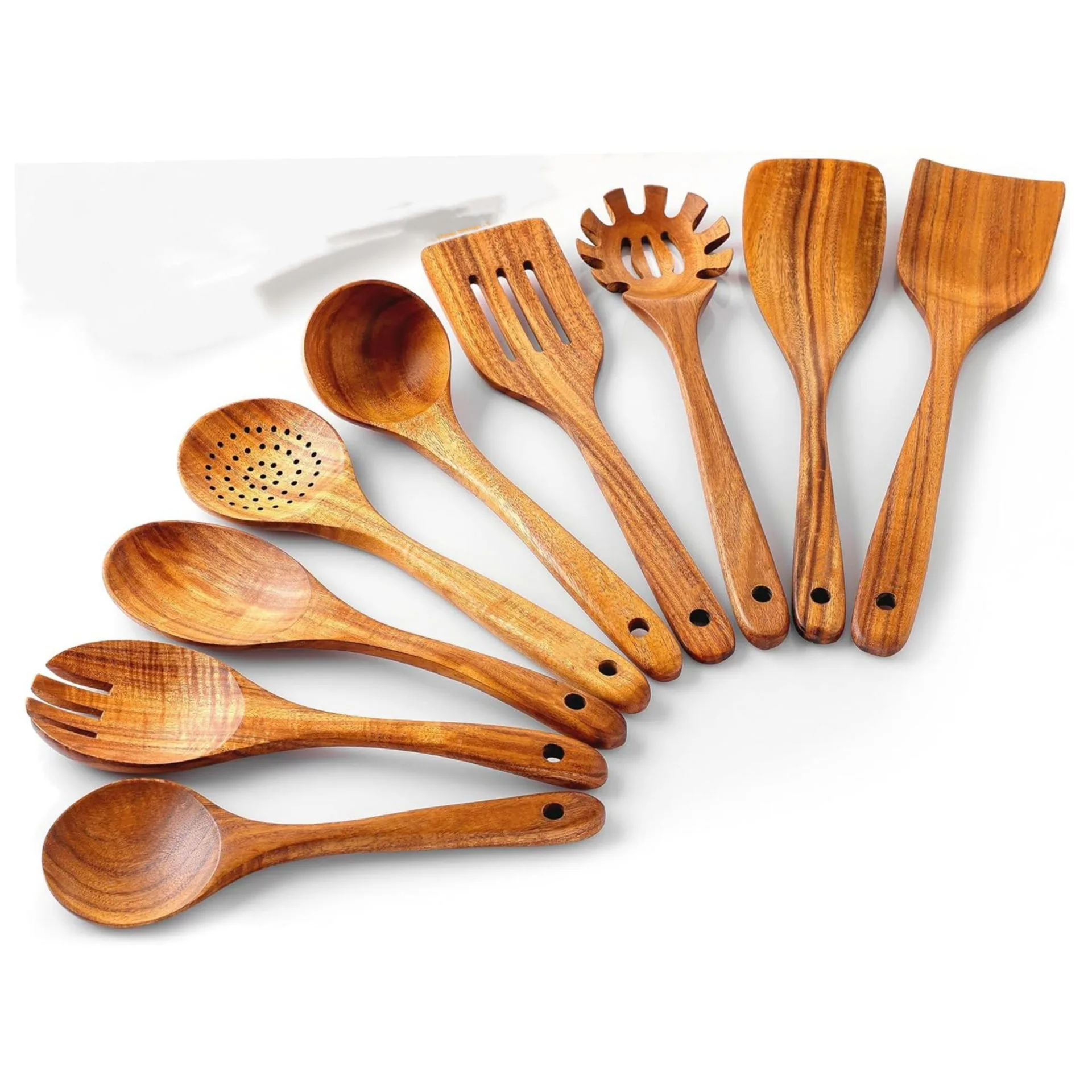 Juego de 6 espátulas de madera de acacia, juego de utensilios de cocina de teca, espátula de madera, cuchara para ensalada, cuchara para remover sopa, cuchara Lao Mein, espátula lisa 5