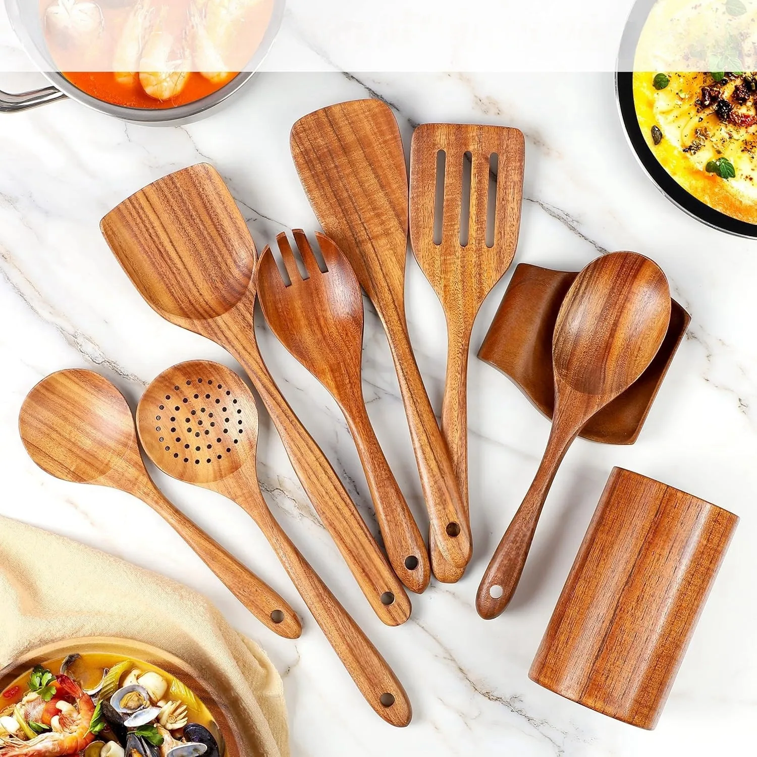 Juego de 6 espátulas de madera de acacia, juego de utensilios de cocina de teca, espátula de madera, cuchara para ensalada, cuchara para remover sopa, cuchara Lao Mein, espátula lisa 6