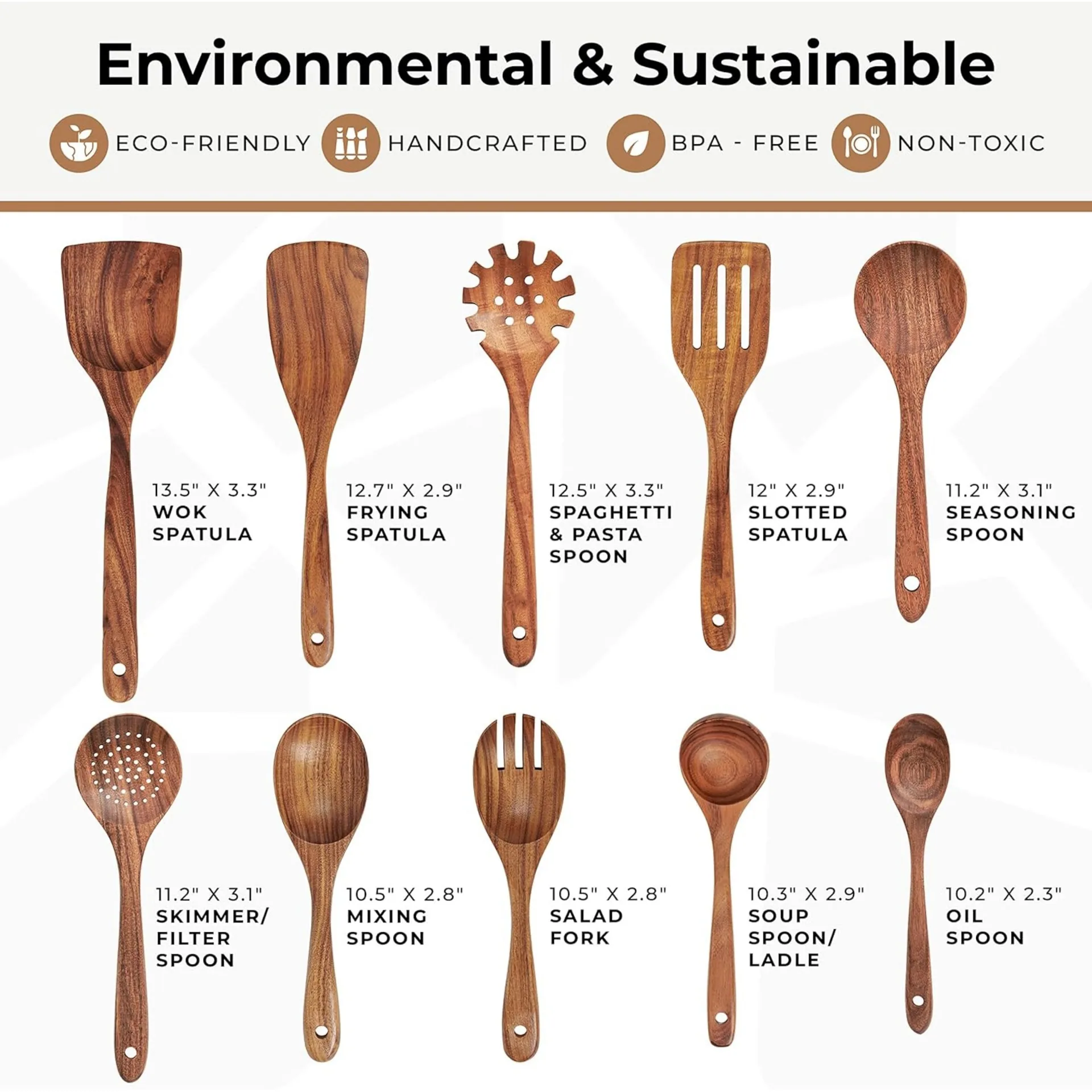 Juego de 6 espátulas de madera de acacia, juego de utensilios de cocina de teca, espátula de madera, cuchara para ensalada, cuchara para remover sopa, cuchara Lao Mein, espátula lisa 7