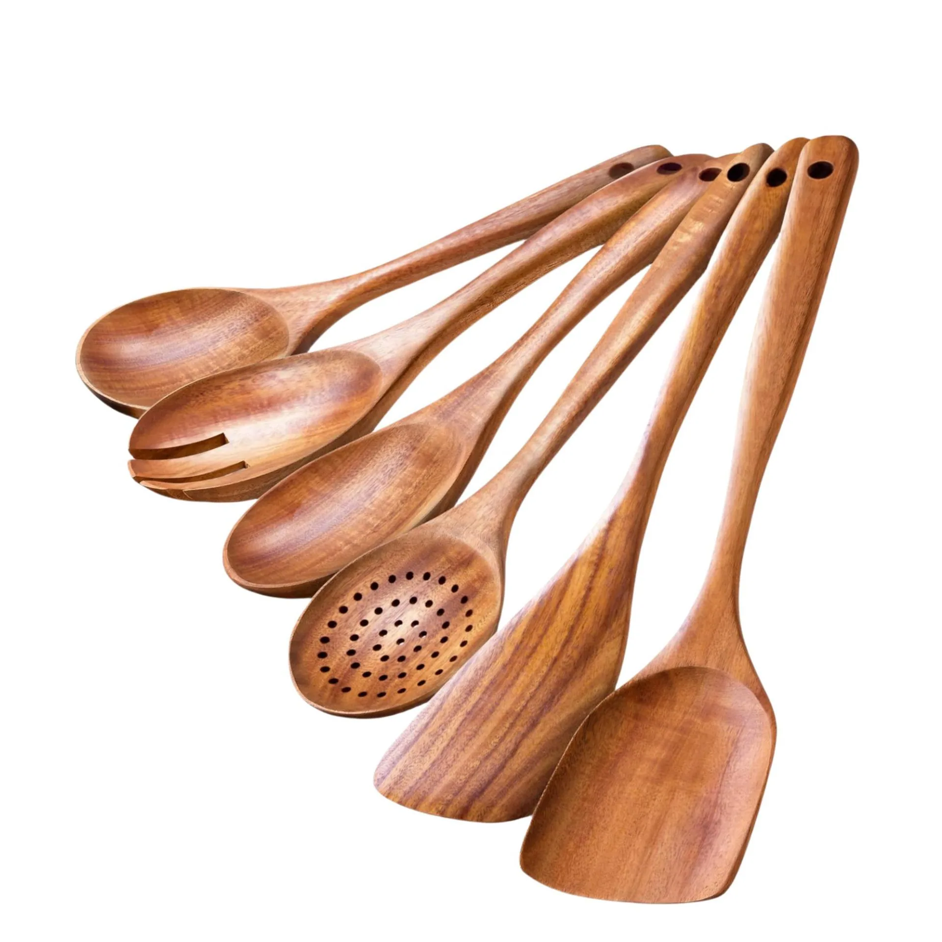 Juego de 6 espátulas de madera de acacia, juego de utensilios de cocina de teca, espátula de madera, cuchara para ensalada, cuchara para remover sopa, cuchara Lao Mein, espátula lisa 2