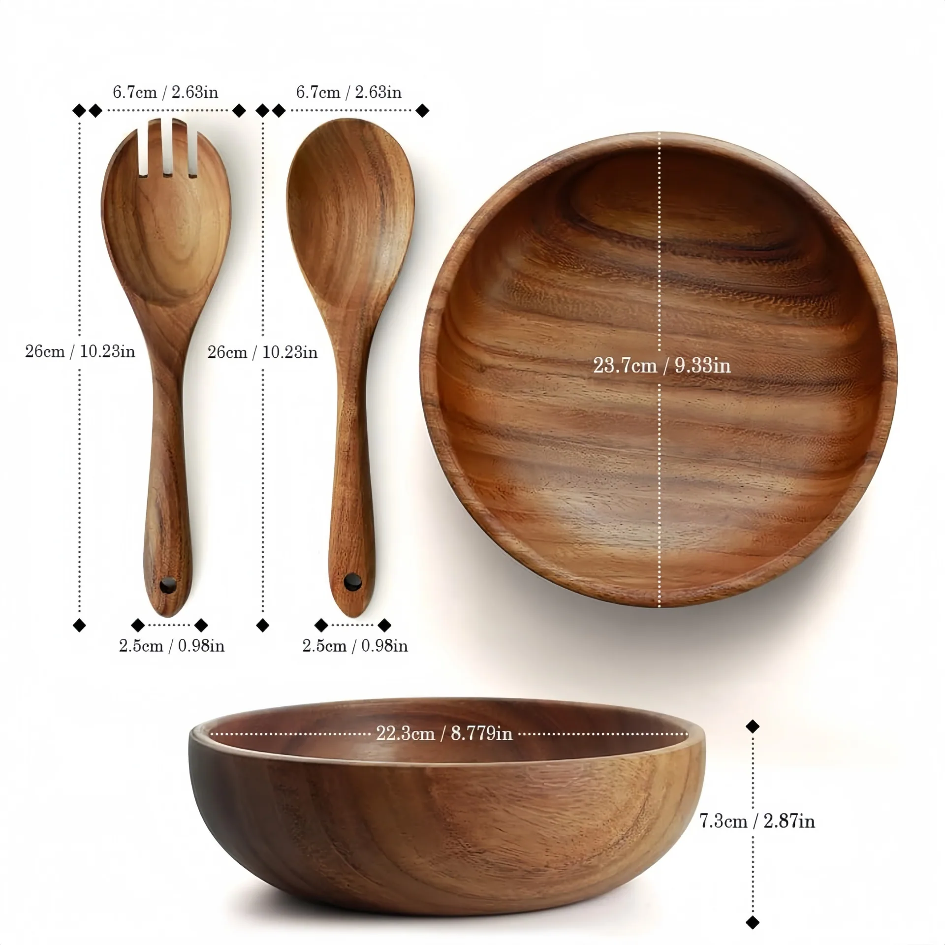 Round Acacia Wooden Bowl Set: Whole Wooden Salad Bowl, Wooden Fruit Bowl, Dried Fruit Multigrain, Shallow Mouth Bowl, Whole W