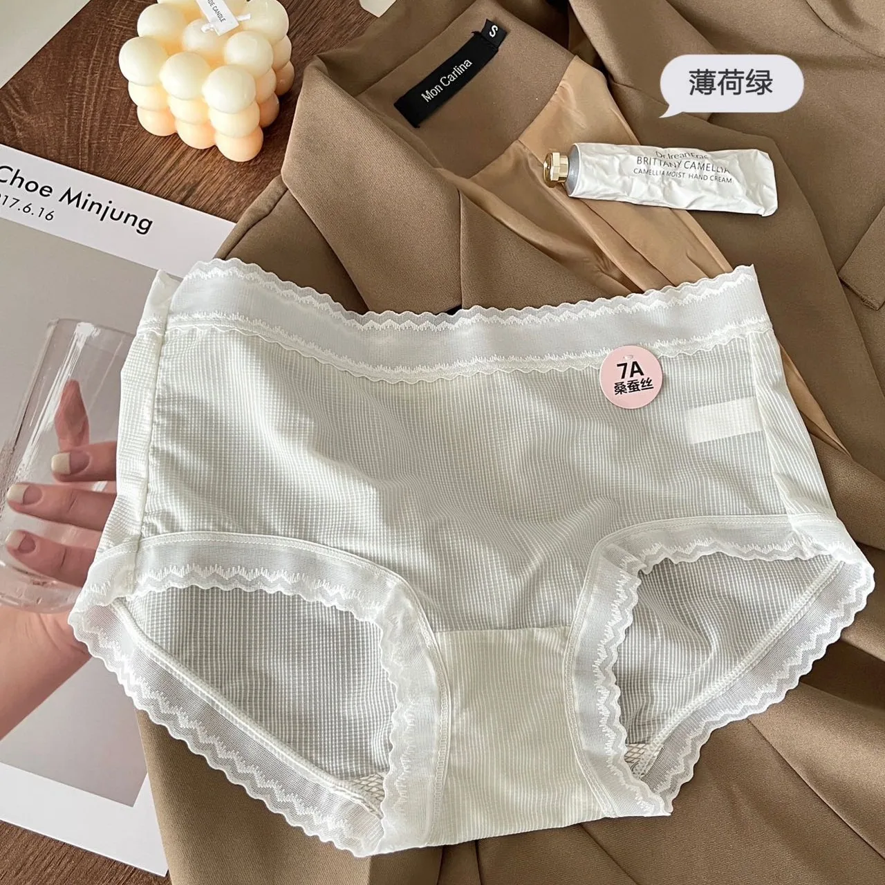 7A Mulberry Silk Lace Edge Underwear for Women, No Trace, Naked, Lightweight, Breathable, Girls Style, Mid Waist Triangle Pants 6