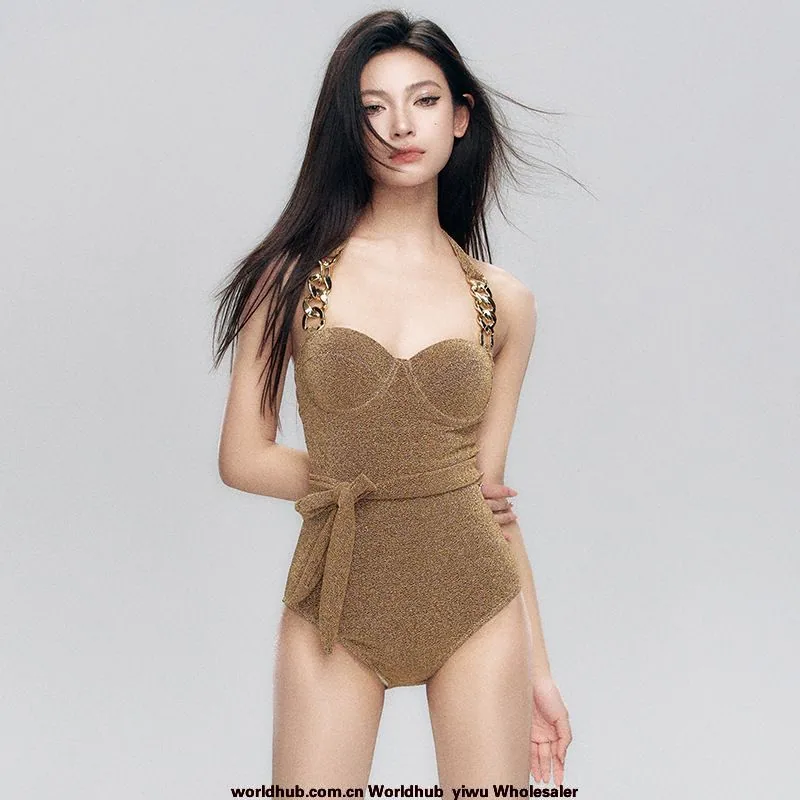 2025 New High end Gold Sexy Concealing Meat, Small and Thin Breasts Gather Conservative Vacation One piece Swimsuit for Women